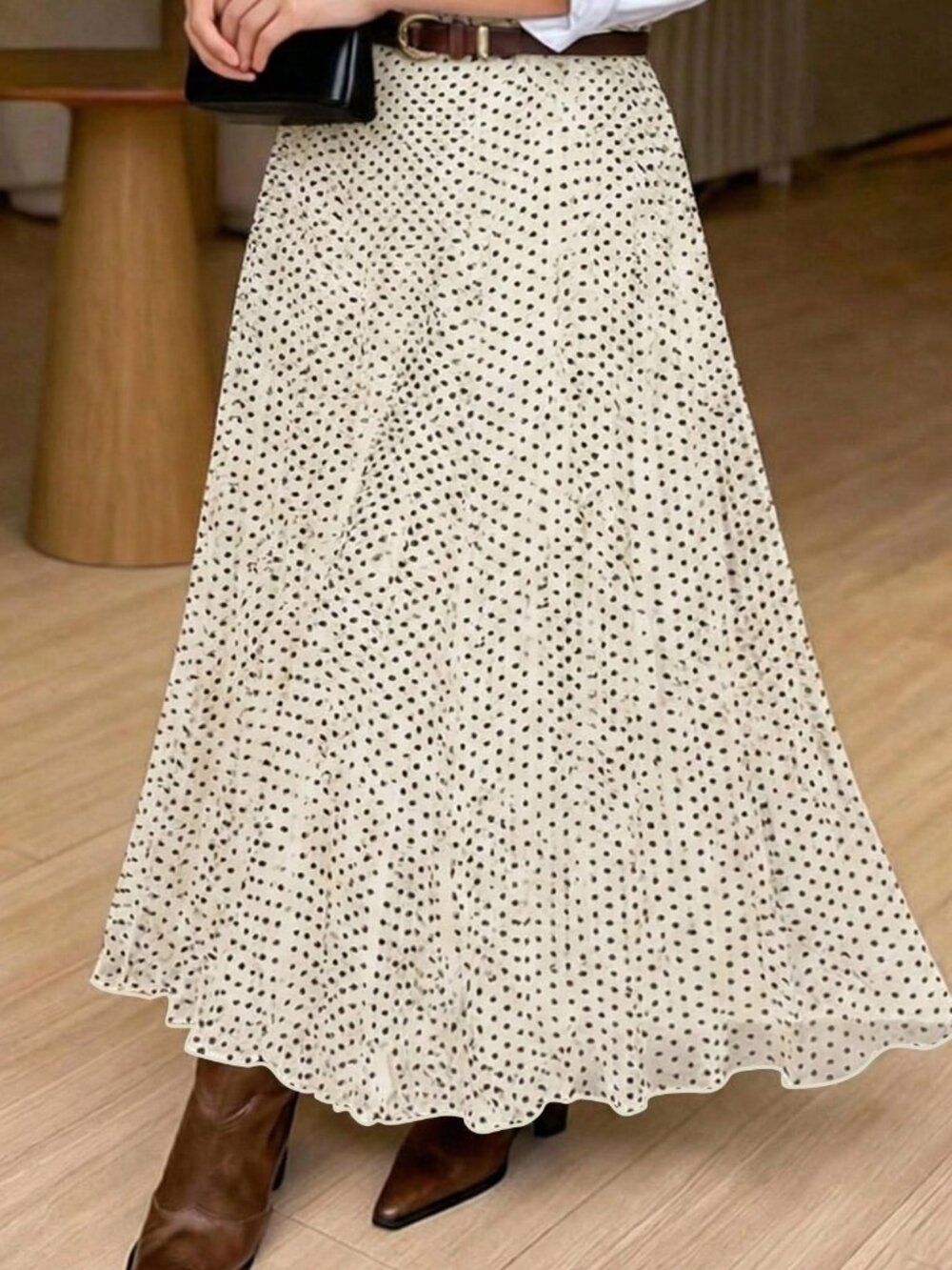 Apricot Elegant Women's polka dot Print Pleated Loose Skirt